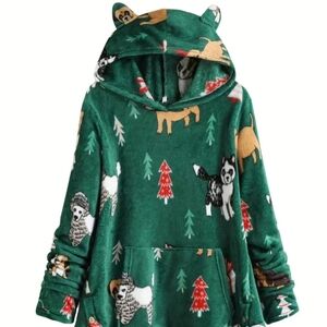 Christmas Puppy Dog Print Plush Casual Fleece Long Sleeve Kangaroo Pocket Hoodie